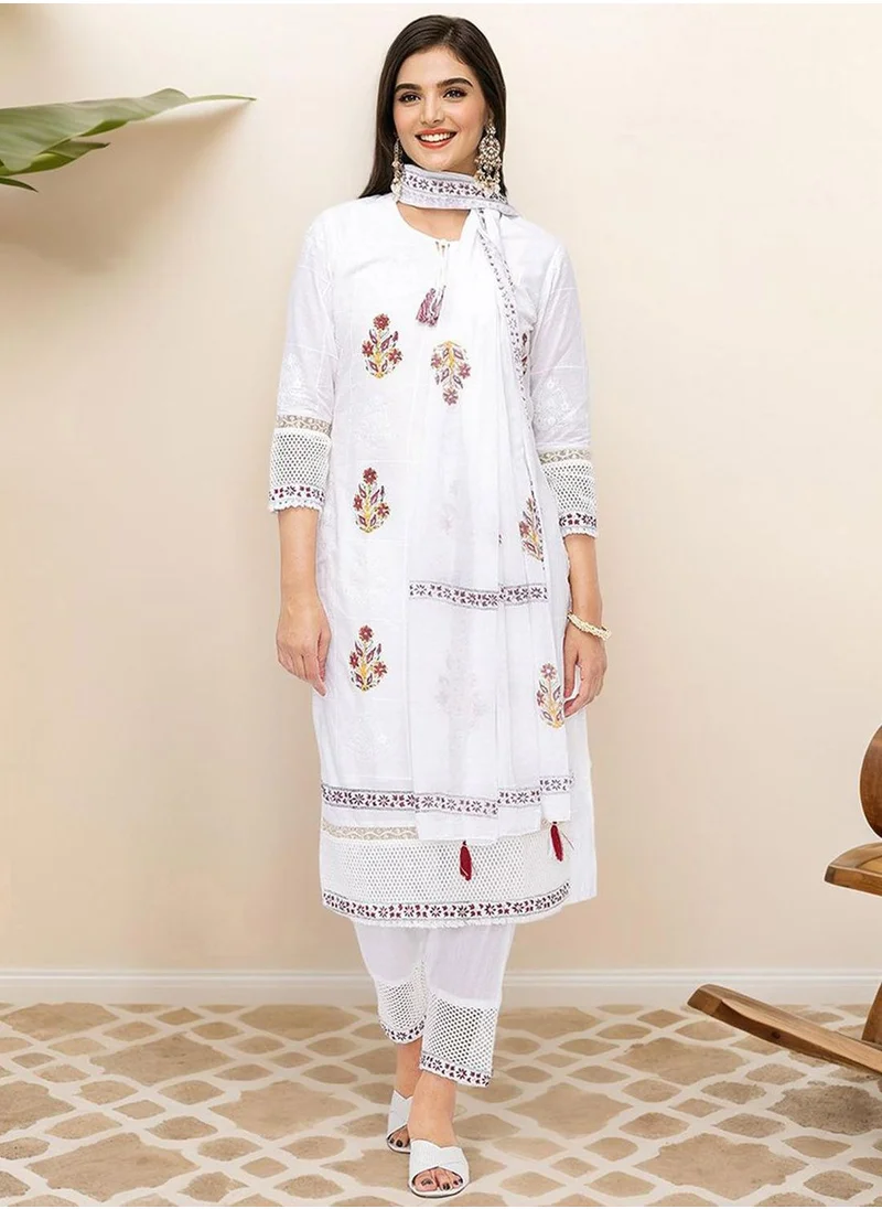 آي شين Women's Off White 100% Cotton Embellished Tunic Full Length Casual Straight Fit Kurta Set