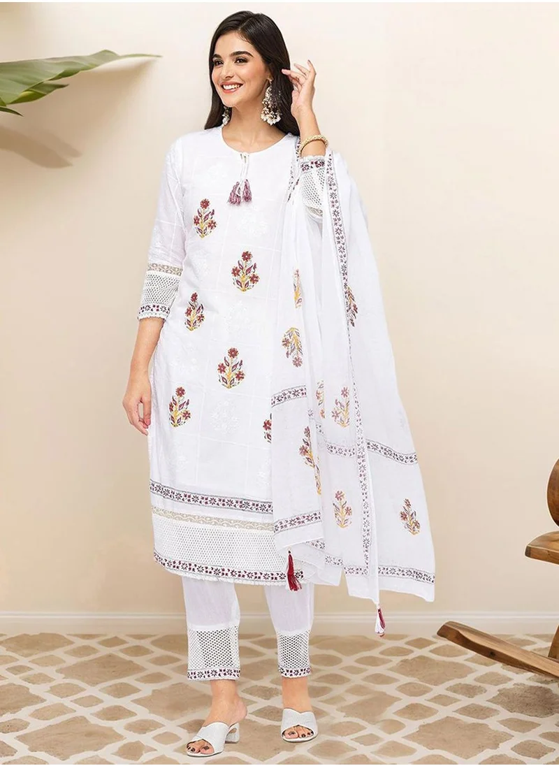 آي شين Women's Off White 100% Cotton Embellished Tunic Full Length Casual Straight Fit Kurta Set