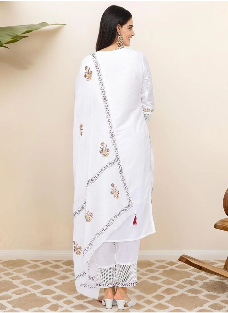 آي شين Women's Off White 100% Cotton Embellished Tunic Full Length Casual Straight Fit Kurta Set