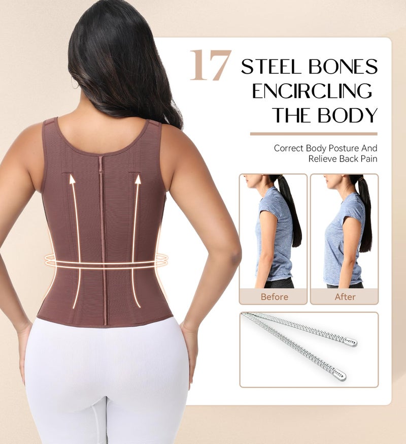 SHAPSHE Waist Trainer Corset for Women Tummy Control Sport Workout Body Shaper Vest for Women Postpartum Gym Zipper Mocha - Image 3