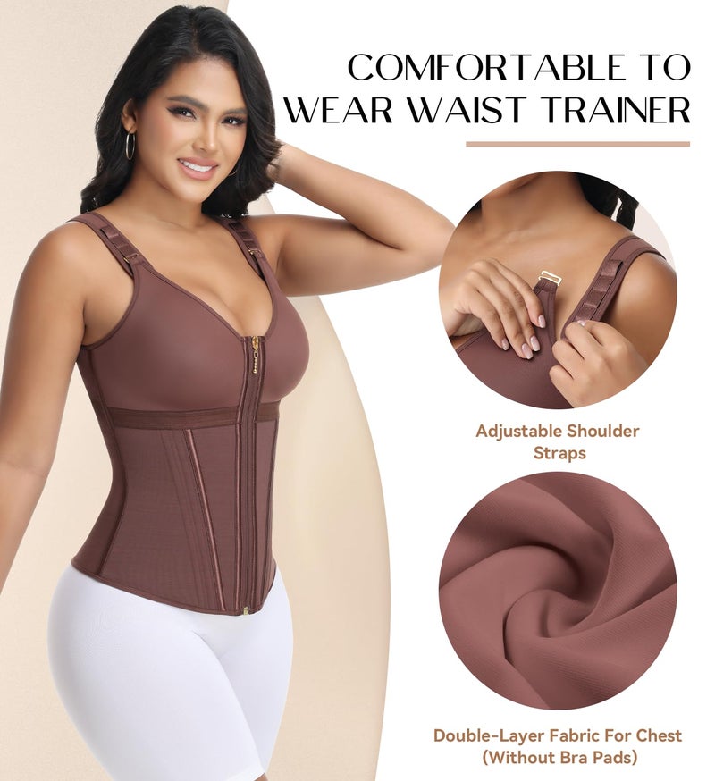 SHAPSHE Waist Trainer Corset for Women Tummy Control Sport Workout Body Shaper Vest for Women Postpartum Gym Zipper Mocha - Image 4