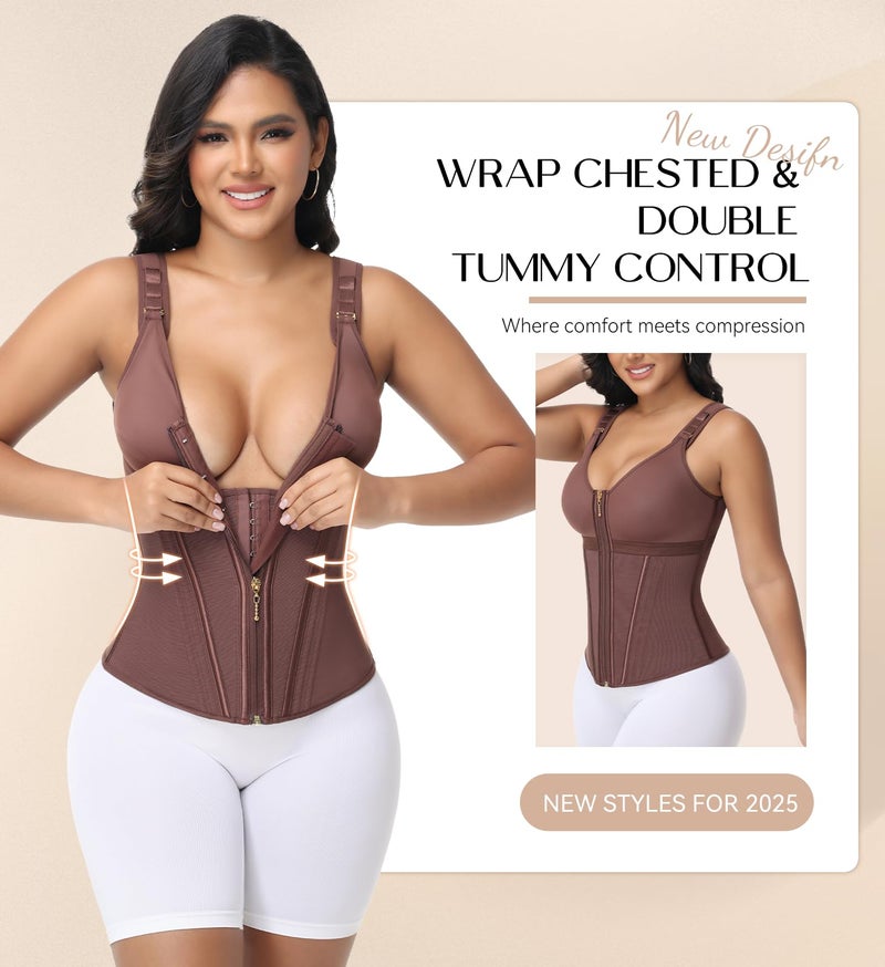 SHAPSHE Waist Trainer Corset for Women Tummy Control Sport Workout Body Shaper Vest for Women Postpartum Gym Zipper Mocha - Image 2