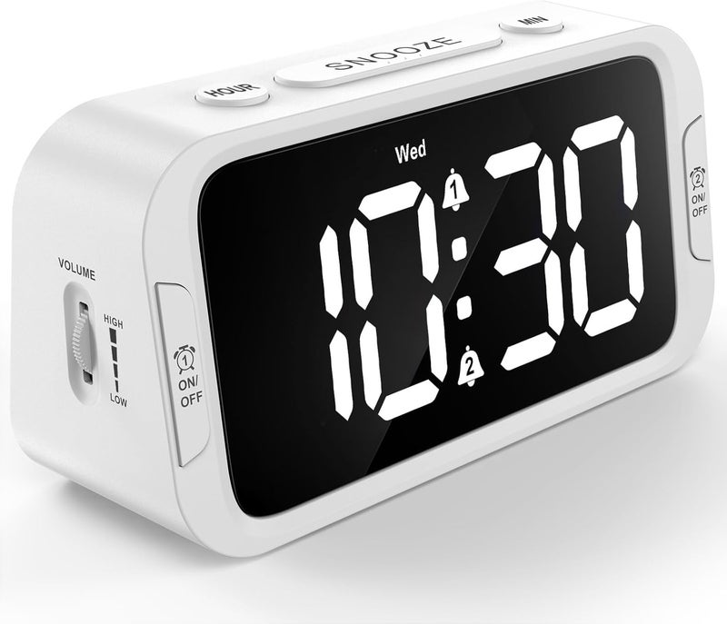 Odokee Digital Dual Alarm Clock for Bedroom, Easy to Set, 0-100% Dimmer, USB Charger, 5 Sound Adjustable Volume, Weekday/Weekend Mode, Snooze, 12/24Hr, Battery Backup, Compact Clock for Bedside(White) - Image 1