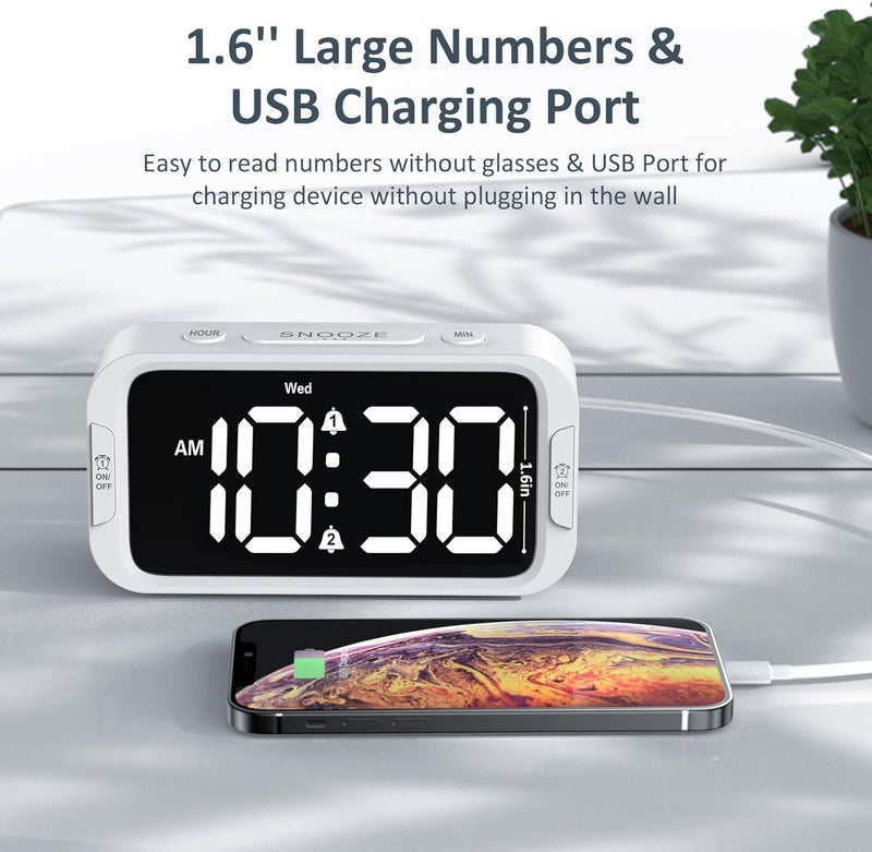 Odokee Digital Dual Alarm Clock for Bedroom, Easy to Set, 0-100% Dimmer, USB Charger, 5 Sound Adjustable Volume, Weekday/Weekend Mode, Snooze, 12/24Hr, Battery Backup, Compact Clock for Bedside(White) - Image 5