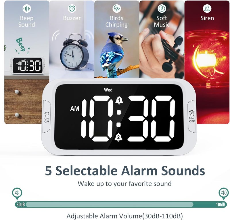Odokee Digital Dual Alarm Clock for Bedroom, Easy to Set, 0-100% Dimmer, USB Charger, 5 Sound Adjustable Volume, Weekday/Weekend Mode, Snooze, 12/24Hr, Battery Backup, Compact Clock for Bedside(White) - Image 4