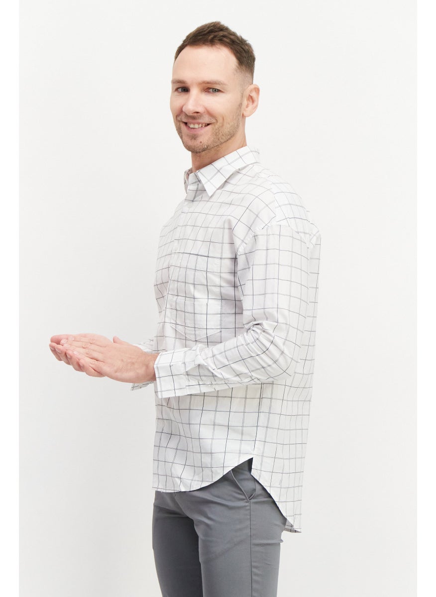 Selected Homme Men Regular Fit Long Sleeve Windowpane Pattern Casual Shirts, White Combo  - Image 3