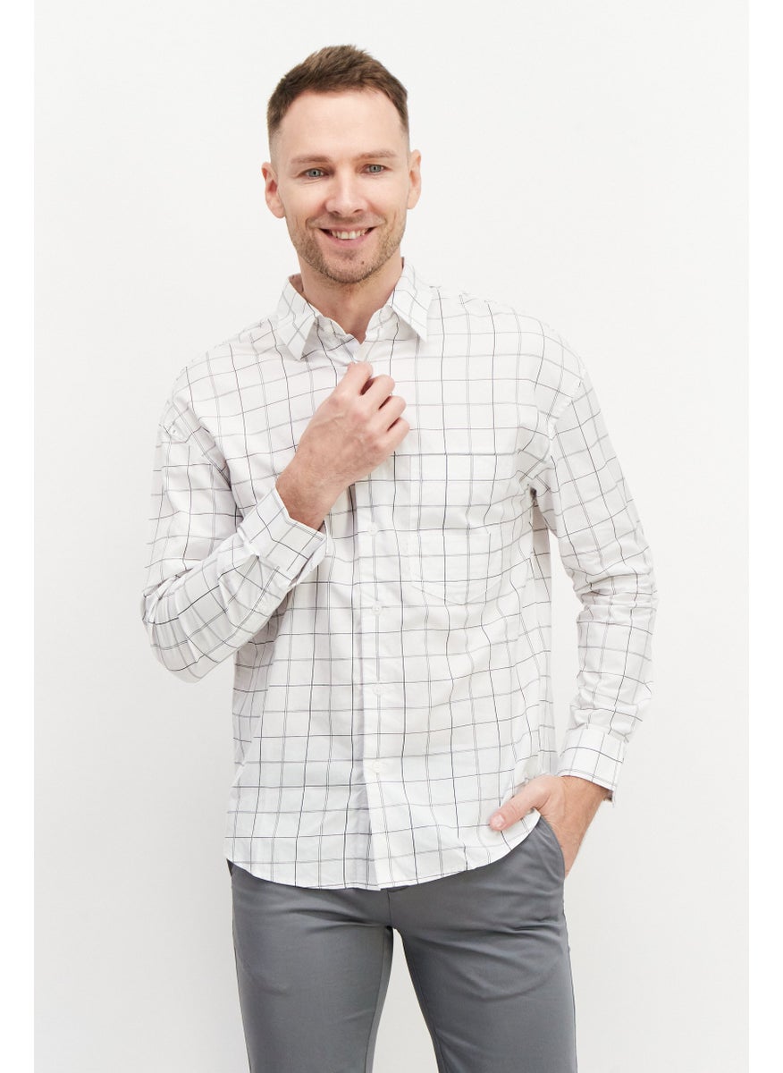 Selected Homme Men Regular Fit Long Sleeve Windowpane Pattern Casual Shirts, White Combo  - Image 1