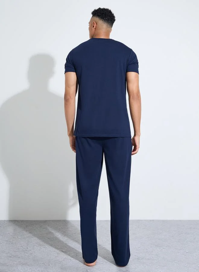 Styli  Men Navy Blue Graphic Print Relaxed Fit Pyjama Set for Men | Best Price UAE