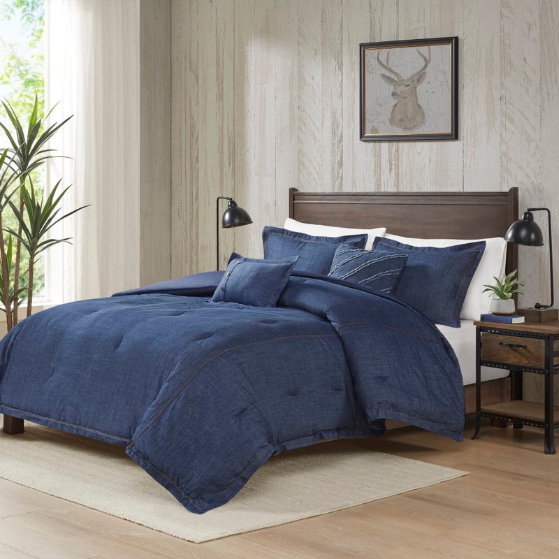Woolrich John Rich & Bros. Woolrich Rustic Lodge Cabin Comforter Set - All Season Down Alternative Warm Bedding Layer and Matching Shams, Oversized Queen, Perry, Denim Blue - Image 1