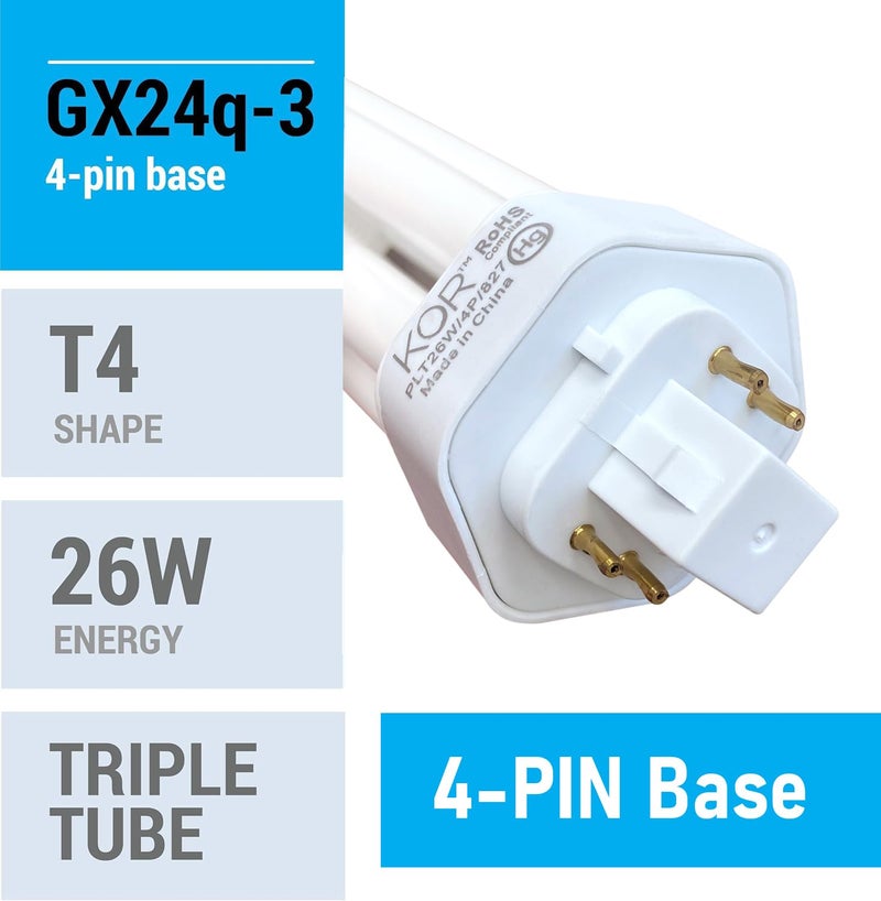 KOR (4 Pack) K20788 - PL26W/3U/4P/841 - Compact Fluorescent Plug-in - T4 - Triple Tube - 26 Watt - 4-Pin (GX24q-3) - 4,100 Kelvin (Cool White) - Image 2