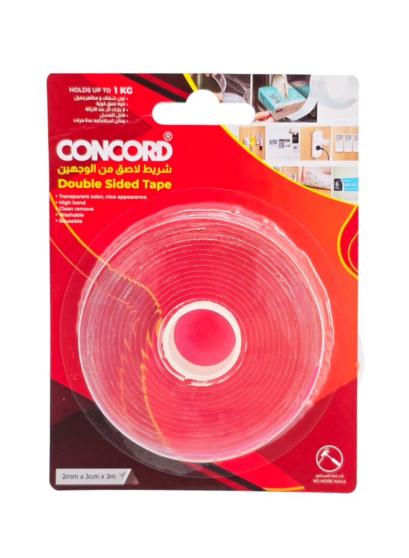 CONCORD Transparent Double-Sided Tape 2mm×3cm×3m, Washable, Reusable, Strong Hold - Image 1