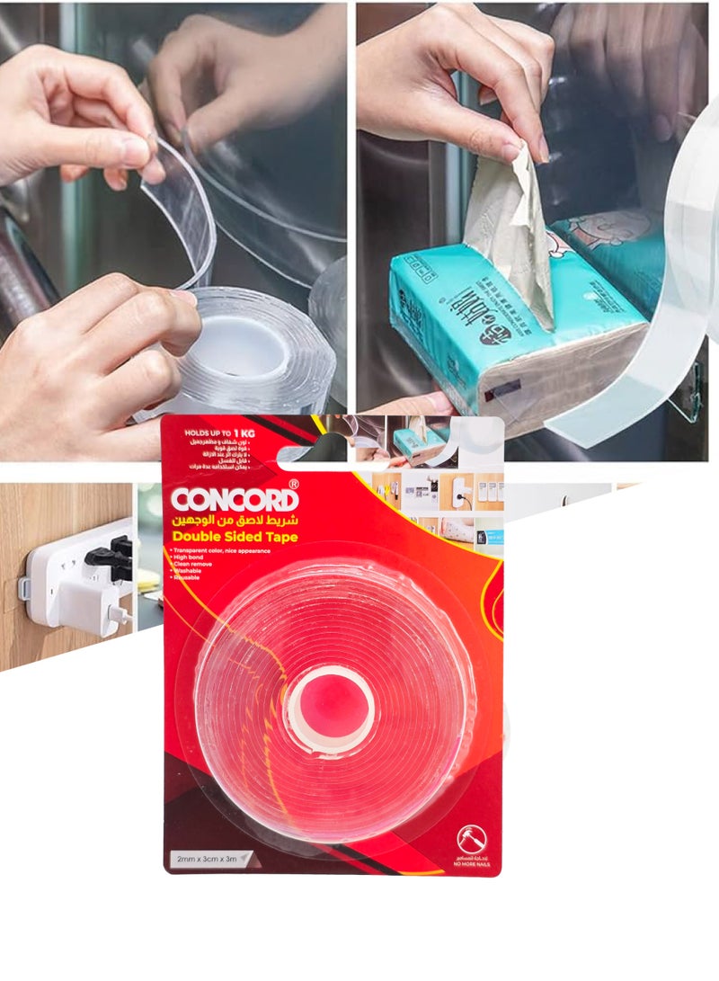 CONCORD Transparent Double-Sided Tape 2mm×3cm×3m, Washable, Reusable, Strong Hold - Image 2
