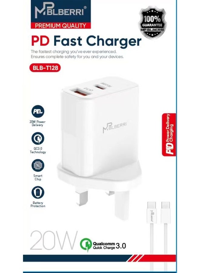 MPBLBERRI 20W PD Fast Charger USB-C Wall Adapter with Type-C to Type-C Cable QC 3.0 Fast Charging for iPhone, iPad & Android Smartphones – BLB-T128 - Image 2