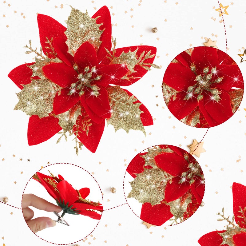 Canlierr 5.7 Inch Artificial Poinsettias Christmas Glitter Flowers with Clips Xmas Tree Flower Ornament Poinsettias Decor (Red Golden 12 Pieces) - Image 4