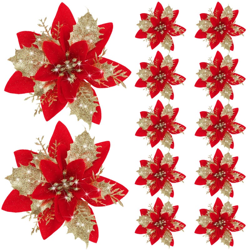 Canlierr 5.7 Inch Artificial Poinsettias Christmas Glitter Flowers with Clips Xmas Tree Flower Ornament Poinsettias Decor (Red Golden 12 Pieces) - Image 1