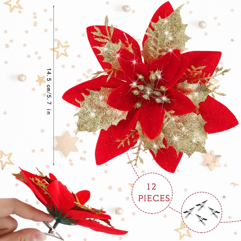 Canlierr 5.7 Inch Artificial Poinsettias Christmas Glitter Flowers with Clips Xmas Tree Flower Ornament Poinsettias Decor (Red Golden 12 Pieces) - Image 3