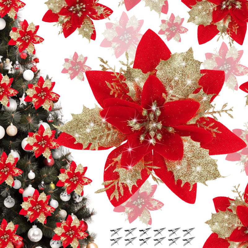 Canlierr 5.7 Inch Artificial Poinsettias Christmas Glitter Flowers with Clips Xmas Tree Flower Ornament Poinsettias Decor (Red Golden 12 Pieces) - Image 2