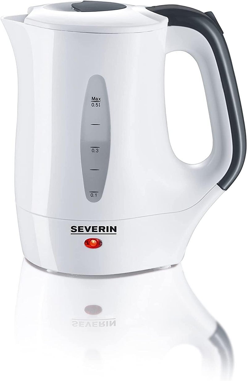 سيفيرين مجموعة إبريق سفر SEVERIN WK 3644 – سعة 0.5 لتر، قوة 650 واط، تصميم محمول مع وظيفة حماية من الغليان الزائد، تشمل كوبين وملعقتين، إبريق أبيض مدمج - Image 1