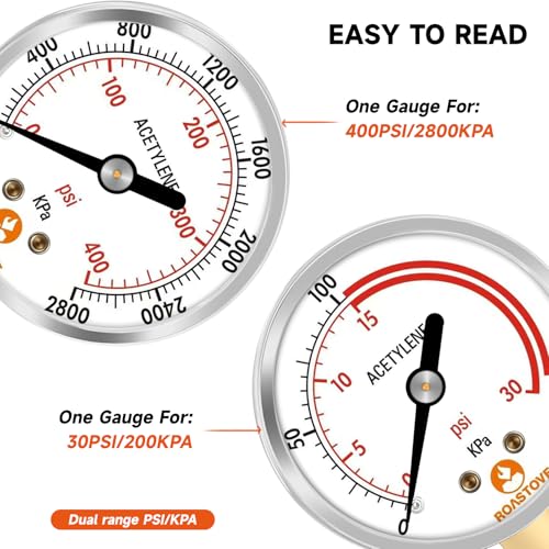 Roastove Low and High Pressure Gauges for Acetylene Regulator 0-30 psi & 0-400psi - 2 inches - 1/4" NPT Thread - Image 3
