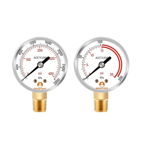Roastove Low and High Pressure Gauges for Acetylene Regulator 0-30 psi & 0-400psi - 2 inches - 1/4" NPT Thread - Image 1