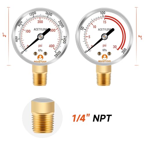 Roastove Low and High Pressure Gauges for Acetylene Regulator 0-30 psi & 0-400psi - 2 inches - 1/4" NPT Thread - Image 2