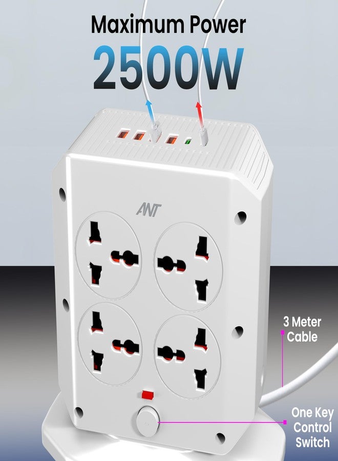 Ant ELECTRAPOLE Tower Power Strip Extension Board 8 Universal Sockets 4USB & 2 Type-C Ports 2500W 10A Surge Protector Multi Plug Charging Station Vertical Power Strip for Home Office Desk Gaming Setup - Image 3
