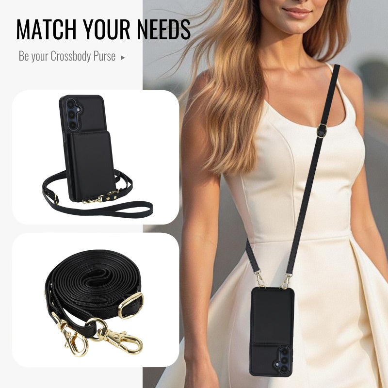 erorex For Samsung Galaxy A16 5G Crossbody Dual-buckle Wallet RFID Back Leather Phone Case(Black) - Image 4