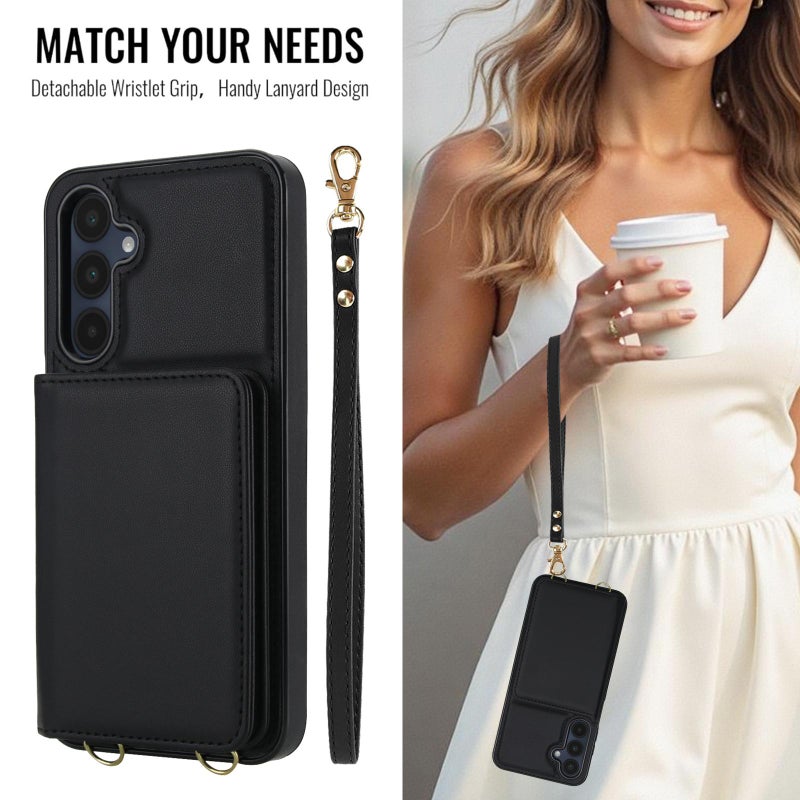 erorex For Samsung Galaxy A16 5G Crossbody Dual-buckle Wallet RFID Back Leather Phone Case(Black) - Image 3