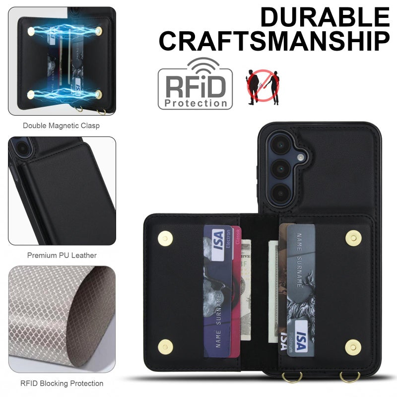 erorex For Samsung Galaxy A16 5G Crossbody Dual-buckle Wallet RFID Back Leather Phone Case(Black) - Image 5