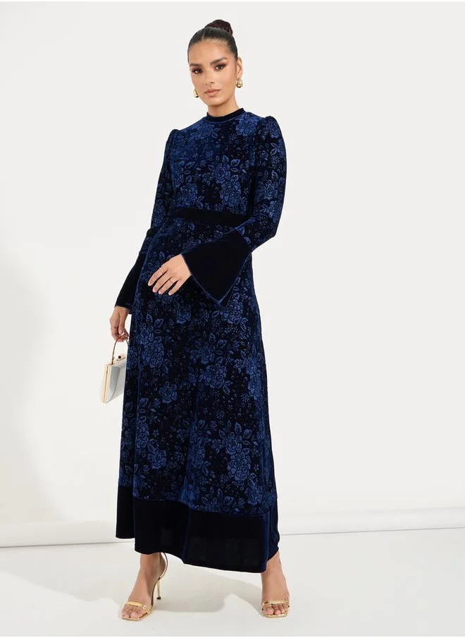 Styli Jacquard Velvet Maxi Dress with Bell Sleeve