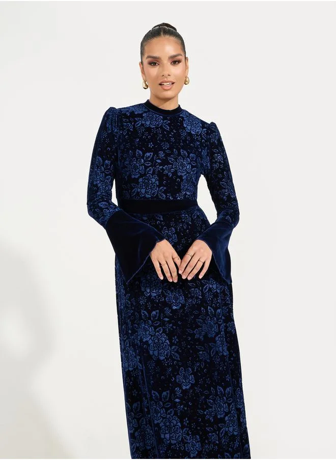 Styli Jacquard Velvet Maxi Dress with Bell Sleeve