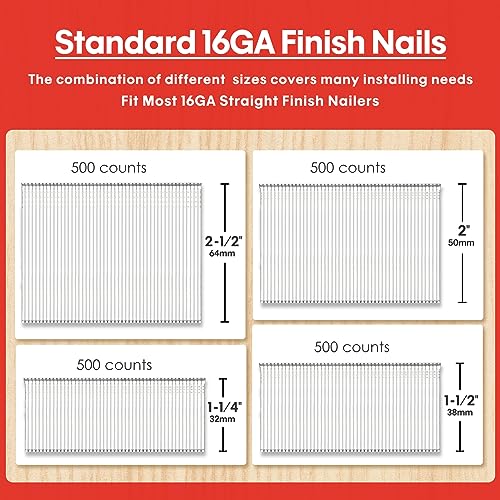 SHALL 16 Gauge Finish Nails, 2000-Count (1-1/4, 1-1/2, 2, 2-1/2 Inch) 16GA Galvanized Finishing Nails Assorted, Nail Gun Nails & Small Finishing Nails Assortment for Pneumatic, Electric Finish Nailer - Image 3