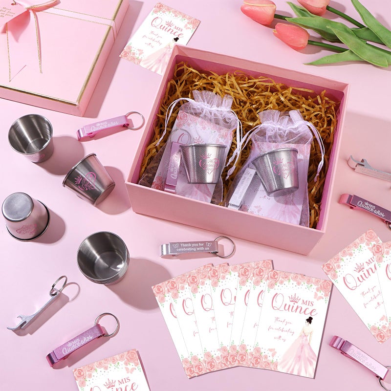 Youdaju 60 Set Quinceanera Party Favors for Guests Quinceanera 1.5 oz Short Stainless Steel Shot Glass Bottle Opener Thank You Card Organza Bag Birthday Sweet 15 or 16 Year Old Quinceanera Party Favor - Image 5
