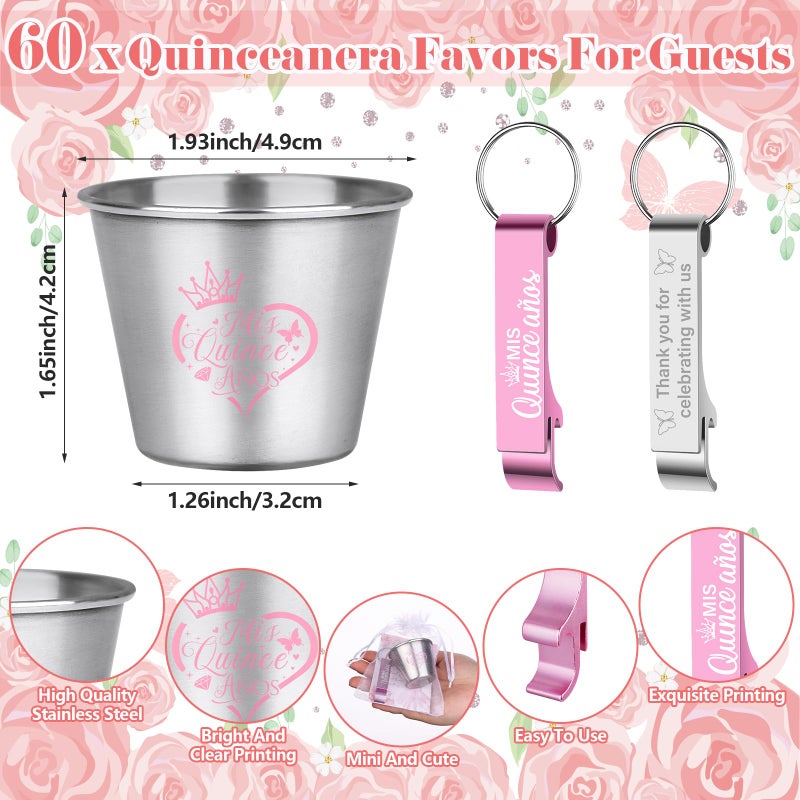 Youdaju 60 Set Quinceanera Party Favors for Guests Quinceanera 1.5 oz Short Stainless Steel Shot Glass Bottle Opener Thank You Card Organza Bag Birthday Sweet 15 or 16 Year Old Quinceanera Party Favor - Image 2