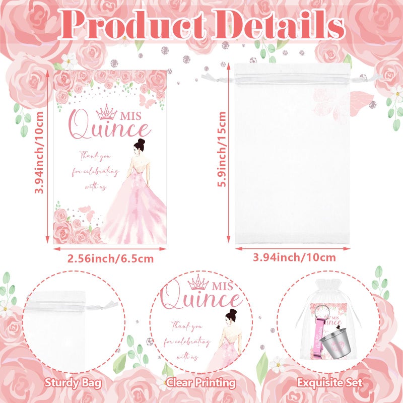 Youdaju 60 Set Quinceanera Party Favors for Guests Quinceanera 1.5 oz Short Stainless Steel Shot Glass Bottle Opener Thank You Card Organza Bag Birthday Sweet 15 or 16 Year Old Quinceanera Party Favor - Image 3