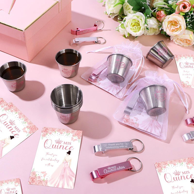 Youdaju 60 Set Quinceanera Party Favors for Guests Quinceanera 1.5 oz Short Stainless Steel Shot Glass Bottle Opener Thank You Card Organza Bag Birthday Sweet 15 or 16 Year Old Quinceanera Party Favor - Image 4