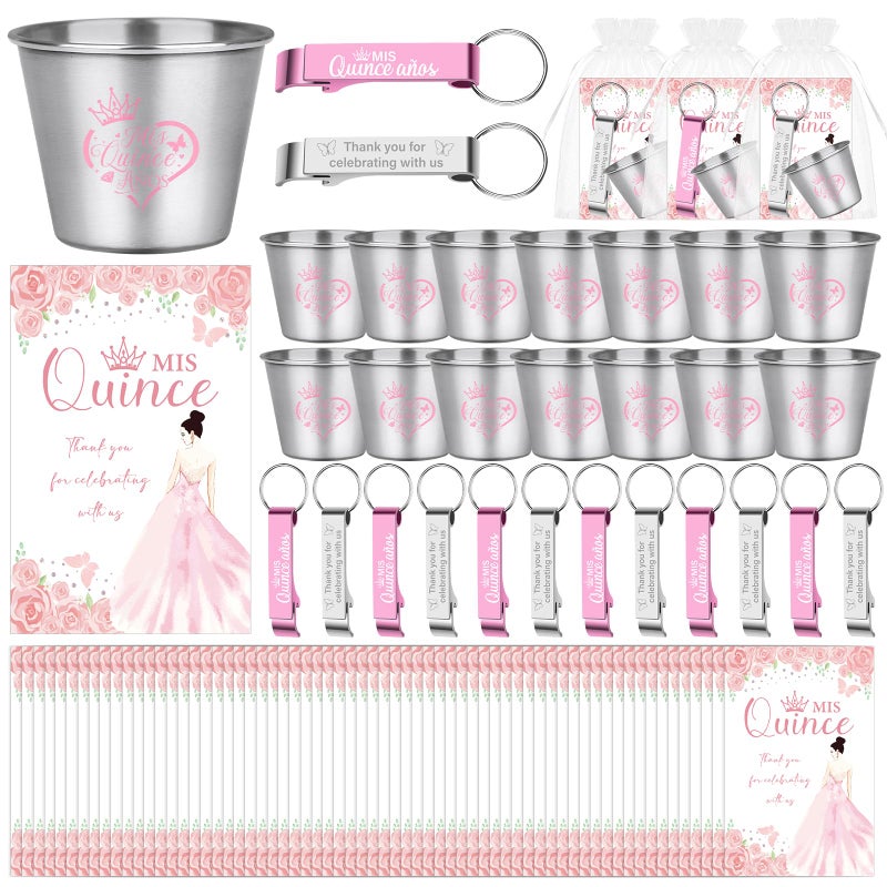 Youdaju 60 Set Quinceanera Party Favors for Guests Quinceanera 1.5 oz Short Stainless Steel Shot Glass Bottle Opener Thank You Card Organza Bag Birthday Sweet 15 or 16 Year Old Quinceanera Party Favor - Image 1