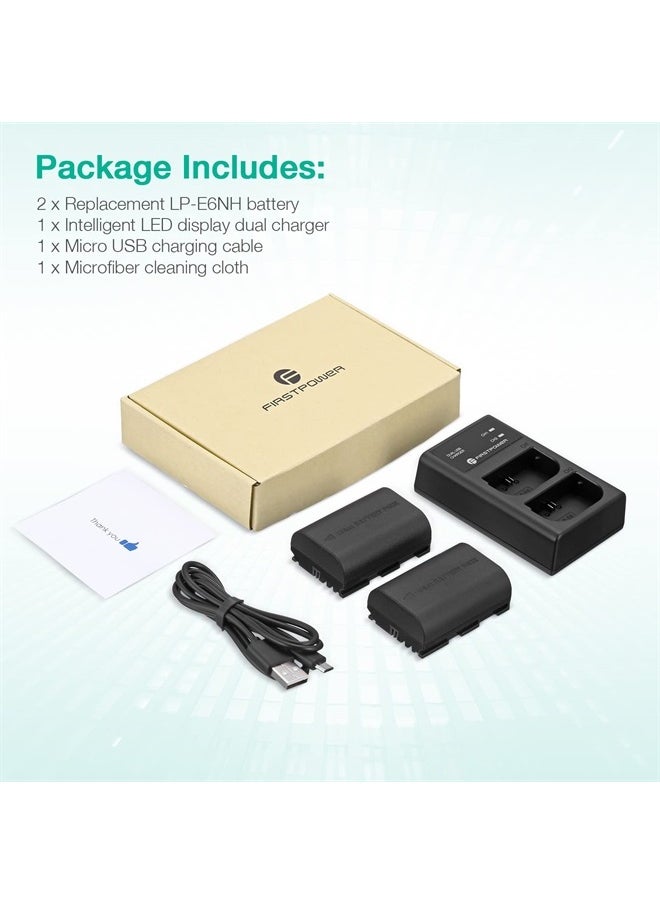 FirstPower - LP-E6NH Battery and USB Dual Charger Compatible with Canon EOS R, R5, R6, 5D Mark II III IV, 5Ds, 6D, 6D Mark II, 7D, 7D Mark II, 60D, 70D, 80D, 90D Cameras and More (2-Pack, 2950mAh) - Image 1