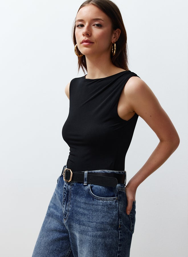 trendyol Black Gathered Detailed Boat Neck Flexible Snaps Knitted Bodysuit  - Image 1