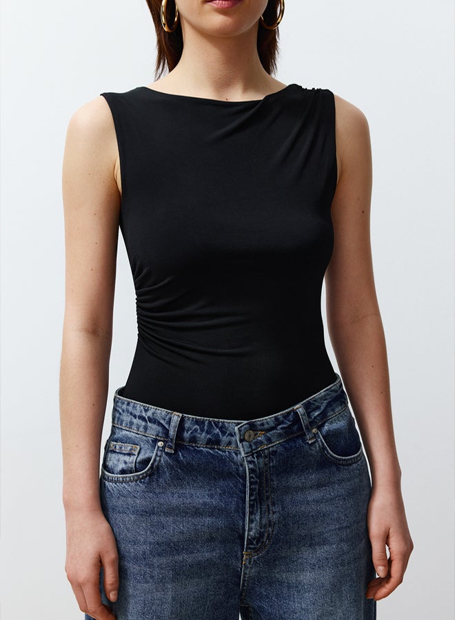 trendyol Black Gathered Detailed Boat Neck Flexible Snaps Knitted Bodysuit  - Image 4