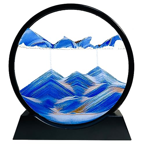 SANDCLE Moving Sand Art Liquid Motion Moving Sand Art Picture 3D Deep Sea Sandscape Round Glass Frame Display Flowing Sand Relaxing Toy for Desktop Home Office Work Ocean DecorBlue 7 - Image 1