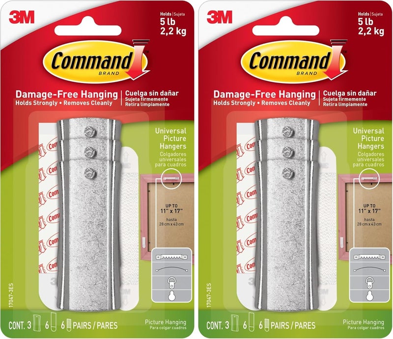 Command Universal Frame Hanger, Decorate Damage-Free, Large, 3 hangers, 6 strips, 6 frame stabilizer strips (17047-3ES),White (Pack of 2) - Image 1