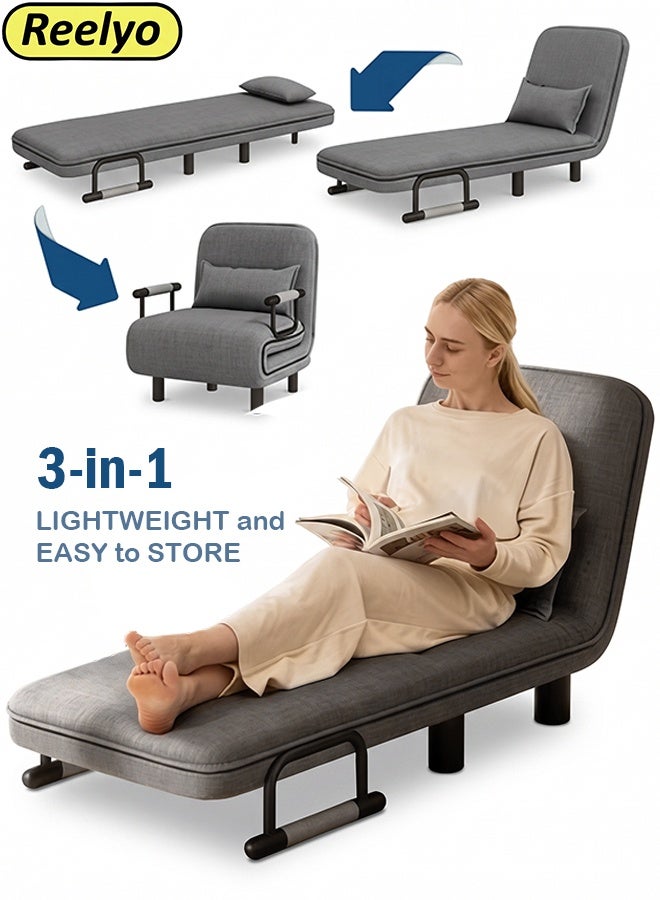 Reelyo Folding Sofa Bed, Convertible Sleeper Chair with Pillow, Comfy Floor Sofa, Upholstered High Back Adjustable Lounge Chair With Padded Foldable Mattress with Back Support, Portable Fold Out Chair Bed Lounge With Armrests Storage Bag Modern Lounger Accent Sofa Home Leisure Adjustable For Nursery, Living Room And Bedroom 330LBS Capacity GREY - Image 1