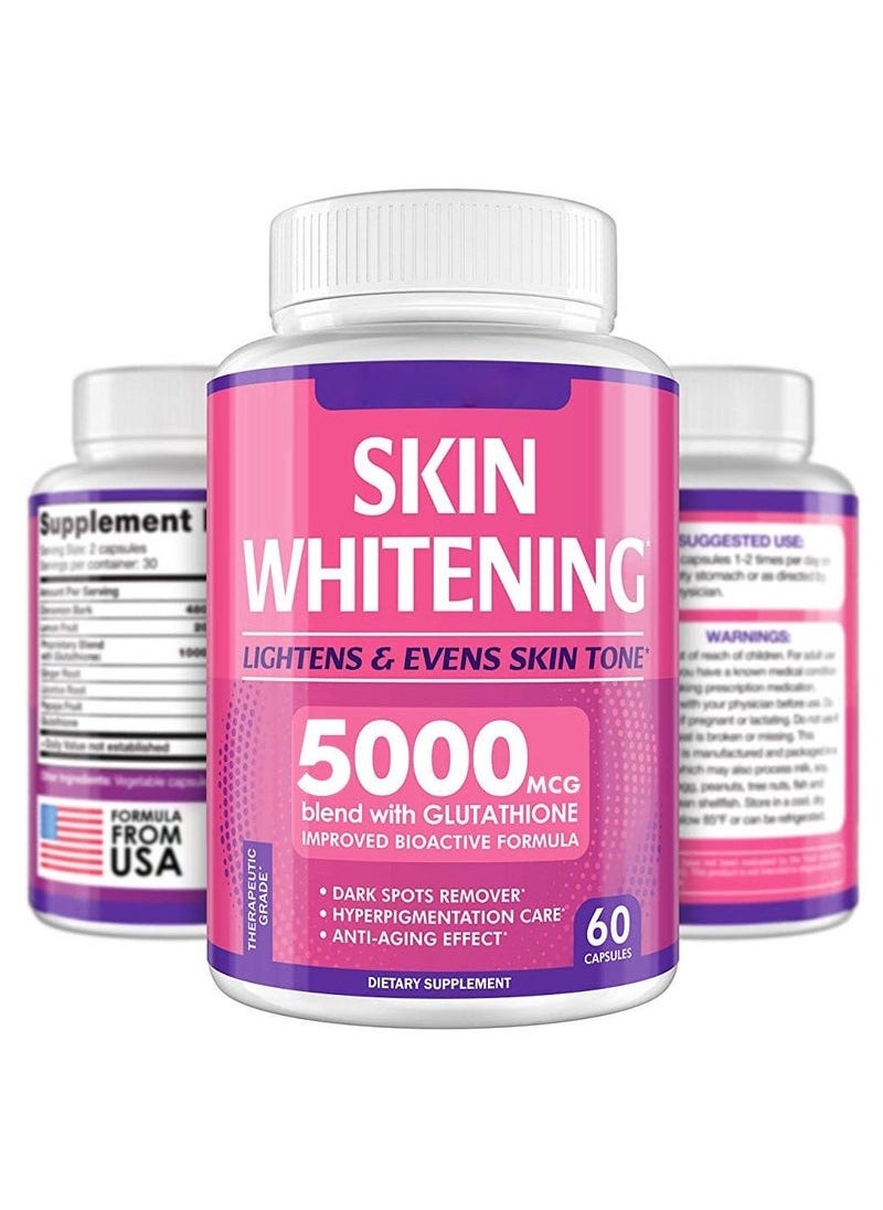 SKIN - Glutathione  Pills - 60 Capsules 5000mcg Glutathione - Effective Skin  Supplement - Dark Spots, Melasma & Acne Scar Remover, Hyperpigmentation Treatment - Anti-Aging Antioxidant - Image 1