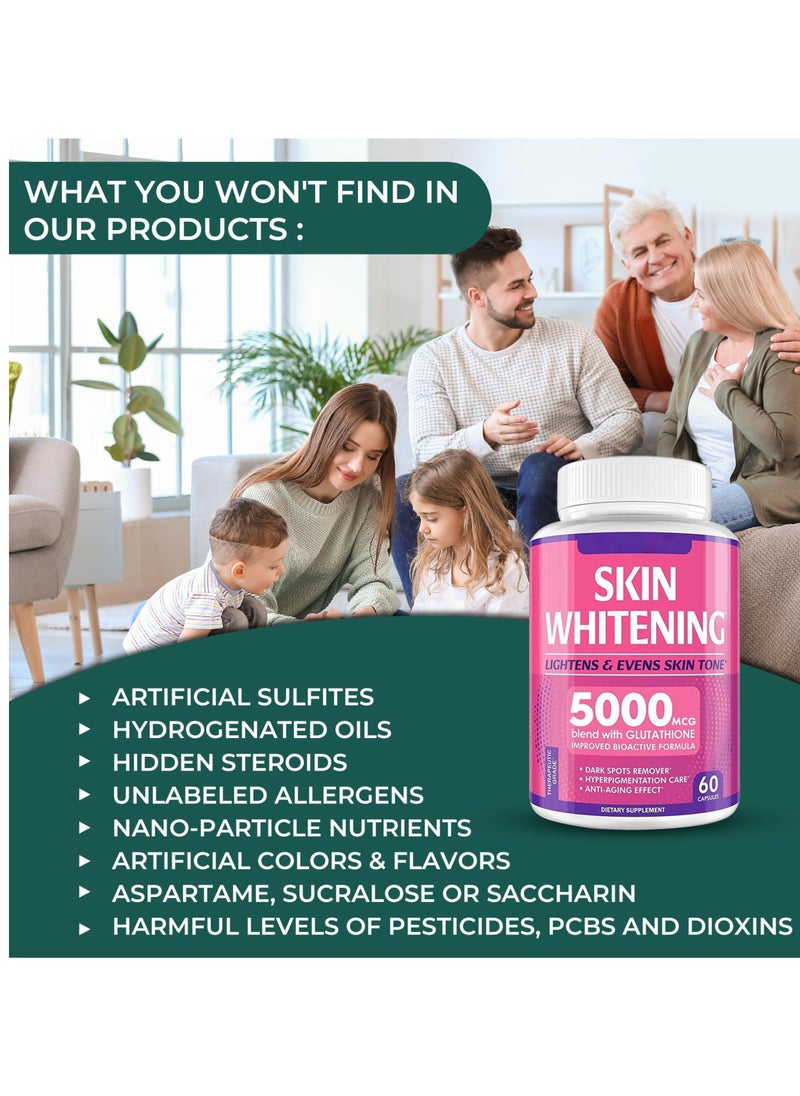 SKIN - Glutathione  Pills - 60 Capsules 5000mcg Glutathione - Effective Skin  Supplement - Dark Spots, Melasma & Acne Scar Remover, Hyperpigmentation Treatment - Anti-Aging Antioxidant - Image 1