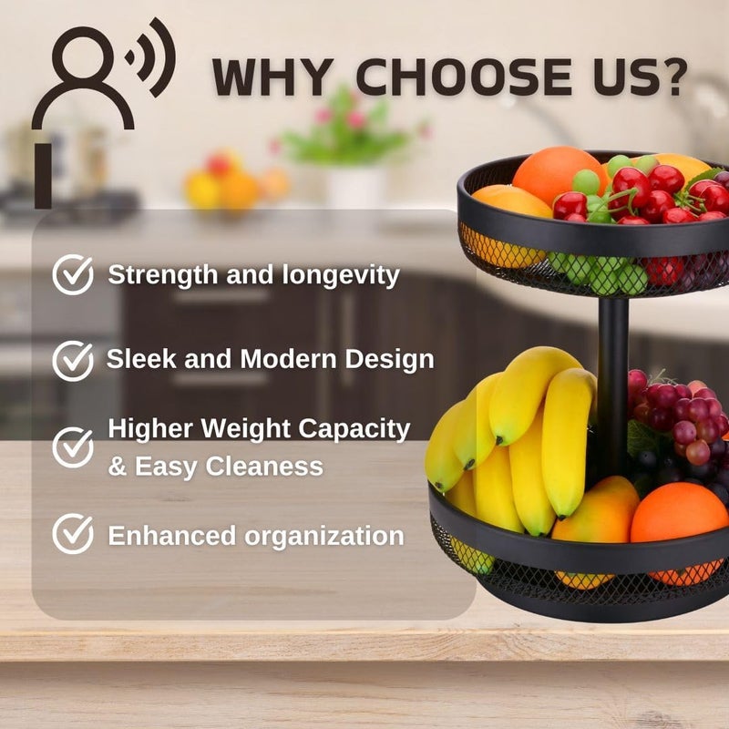 IBERG 2 Tier Fruit Basket Mesh Fruit Bowl - Basket Stand for Fruits Vegetables Bread Snacks (Black) - Image 4