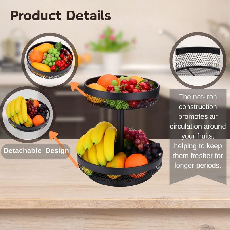 IBERG 2 Tier Fruit Basket Mesh Fruit Bowl - Basket Stand for Fruits Vegetables Bread Snacks (Black) - Image 3