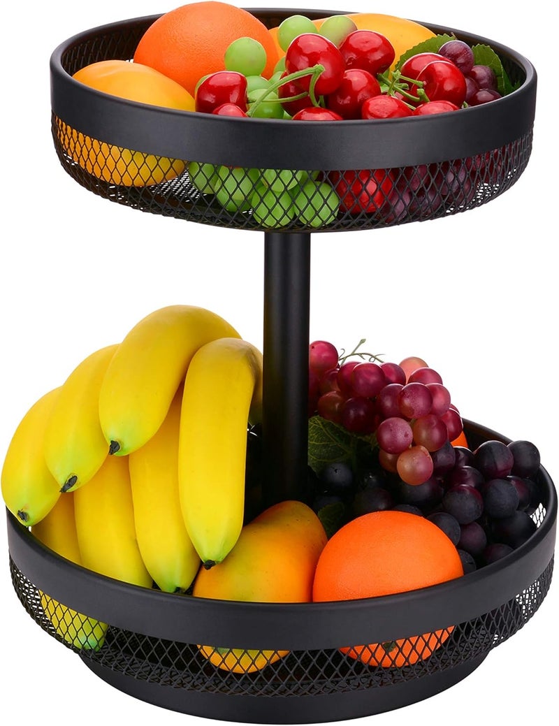 IBERG 2 Tier Fruit Basket Mesh Fruit Bowl - Basket Stand for Fruits Vegetables Bread Snacks (Black) - Image 1