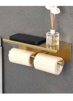 Excefore Double Toilet Paper Holder, Bathroom Tissue Holder with Shelf, SUS304 Stainless Steel Toilet Paper Roll Holder Storage Dispenser, Self Adhesive or Wall Mount Drilling Paper Rack, Brushed Golden  - Image 1