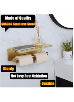 Excefore Double Toilet Paper Holder, Bathroom Tissue Holder with Shelf, SUS304 Stainless Steel Toilet Paper Roll Holder Storage Dispenser, Self Adhesive or Wall Mount Drilling Paper Rack, Brushed Golden  - Image 2